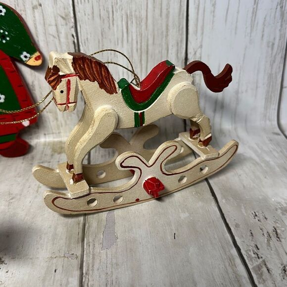 Vintage Wooden Christmas Ornaments 2 Rocking Horses Red Green Dress Lady - Picture 2 of 9